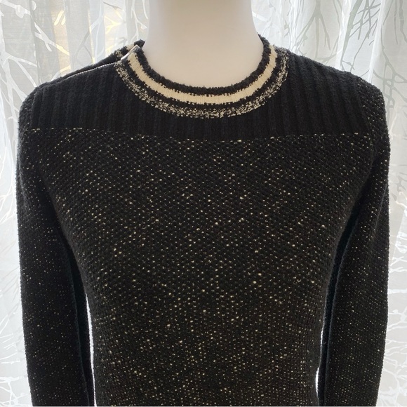 MAJE FIERE black knit white stripe trim crewneck zipper shoulder detail sweater - Picture 3 of 12